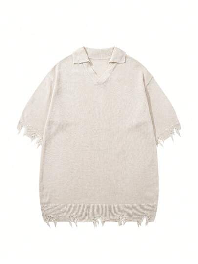 Áo dệt kim tay ngắn cổ chữ V dáng rộng, thoải mái, có tua rua, phong cách đường phố trung tính cho mùa xuân/hè, màu mơ.