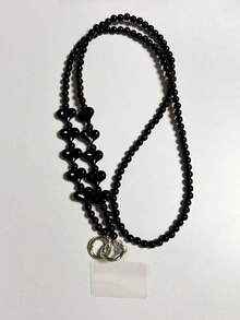 1pc Minimalist Style Handmade Beaded Phone Lanyard Strap, Heart Shaped Crossbody Bag Chain, Elegant Black/Silver Bag Accessory - Multicolor - View 10