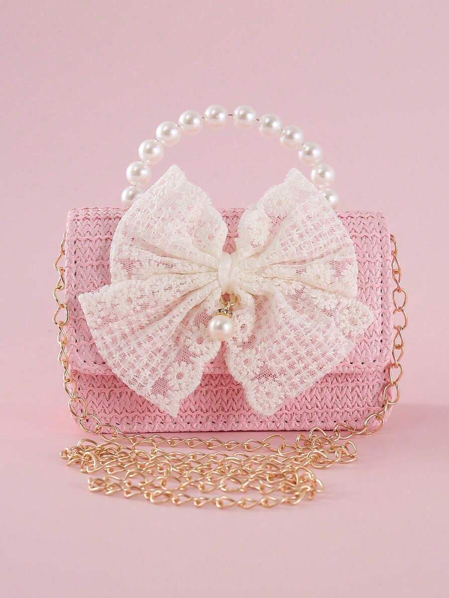 1pc Large Size Beaded Bow Decor PU Straw Material Flap Closure Casual Beaded Handbag Chain Shoulder Bag Fashion Snack & Coin Purse, Suitable For Holidays And Daily Use - Pink Straw Beaded Bow - View 1