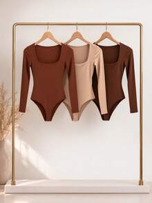 Kit 1, 3 Bodysuits, Women's Shaping Bodysuit, Second Skin Style, Square Neckline, Long Sleeves, Basic, High Fashion, Versatile, Elegant, Blogger Style - 咖啡可可米色 - 查看 1