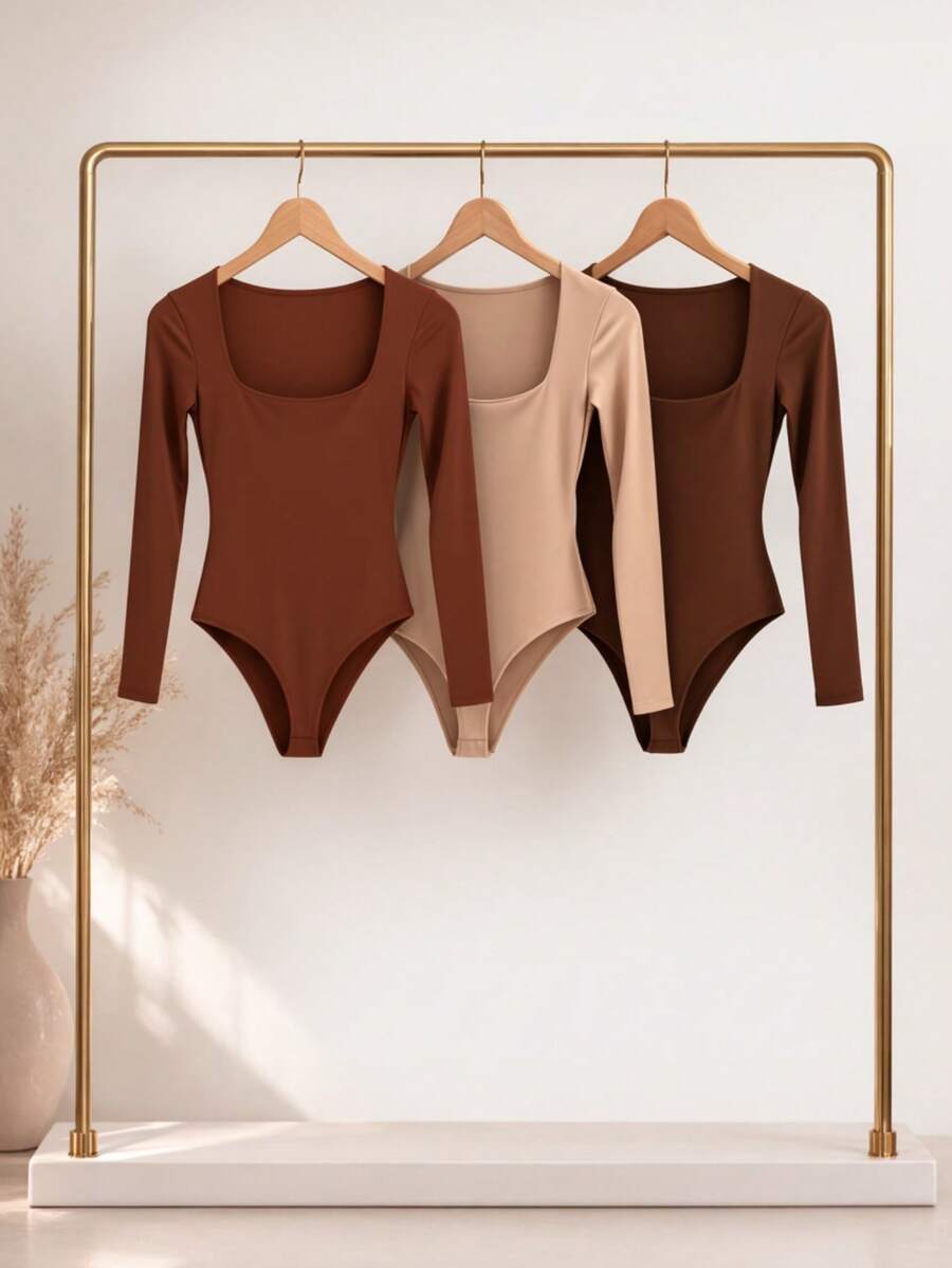 Kit 1, 3 Bodysuits, Women's Shaping Bodysuit, Second Skin Style, Square Neckline, Long Sleeves, Basic, High Fashion, Versatile, Elegant, Blogger Style - 咖啡可可米色 - 查看 1