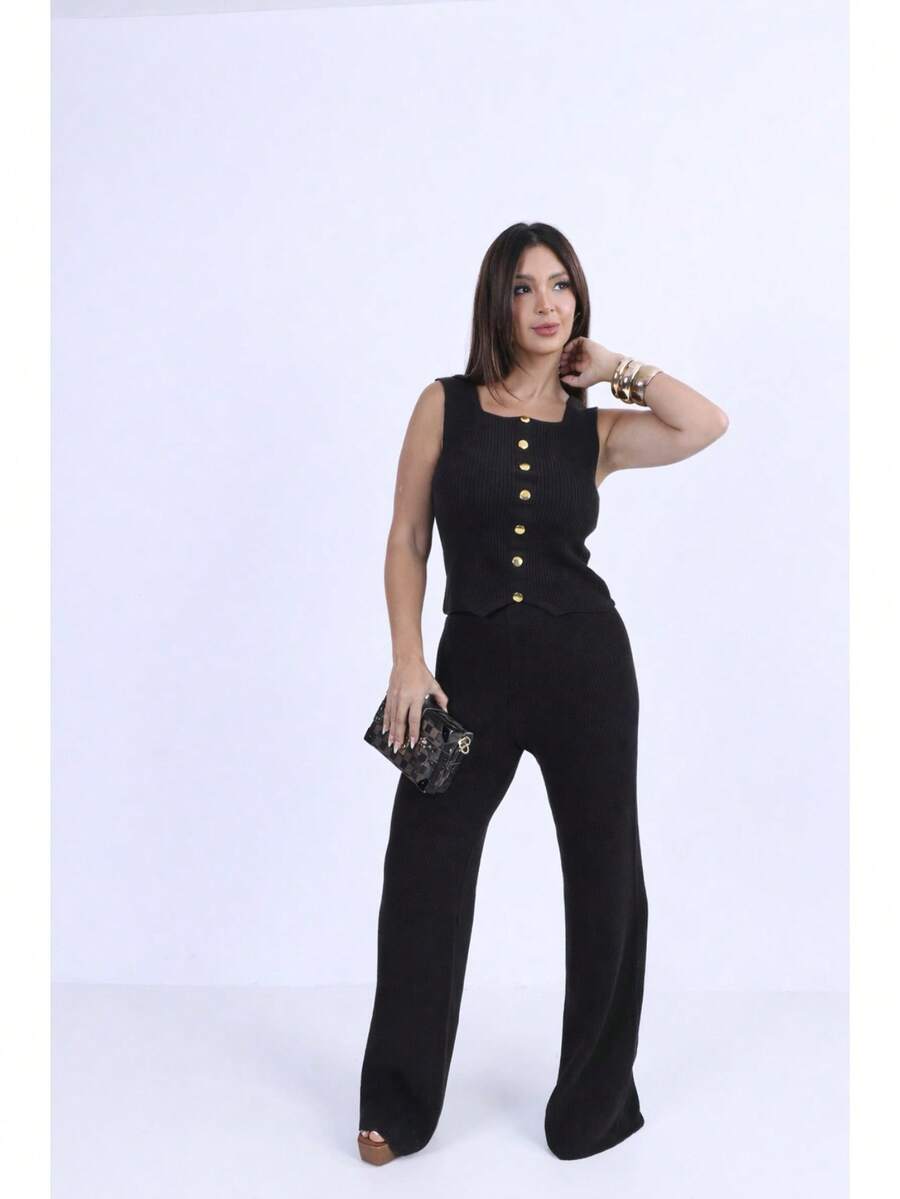 Classic Women's Pants And Vest Set With Buttons - Black - View 1