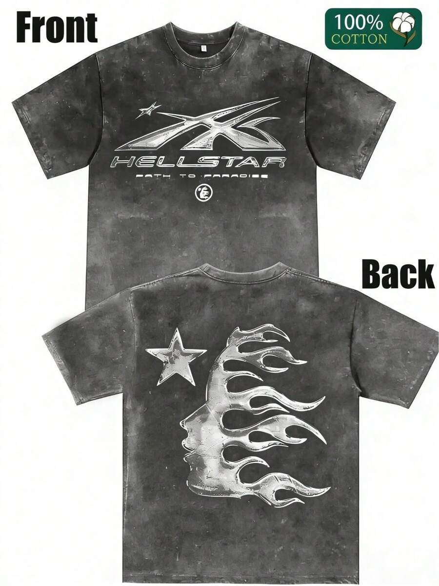Hellstars Path To Paradise Flame Star Graphic Y2K Washed T-Shirt Double Sided Printed (230g 100% Cotton T-Shirt), Summer Clothes, Men's Tops, Casual And Comfortable, Fashionable Graphic Tee, Unisex Style - 灰色 - 查看 1
