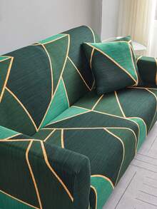 1pc Geometric Pattern Printed Sofa Cover (Including 1pc Pillow Case), Dust-Proof, Dirt-Resistant, Elastic Full Coverage Sofa Protector, Living Room Home Decor, Fits 1/2/3/4 Seater Sofa, All Season, Machine Washable - Green - View 8