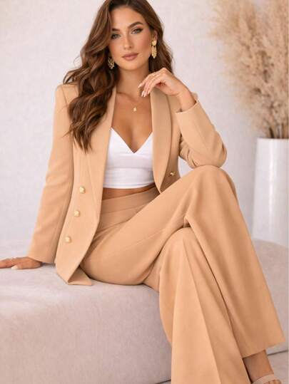 Conjunto bleiser pantalon top set 3 piezas blazer 6 botones top escote corazon pantalon pierna amplia outfit elegante femenino