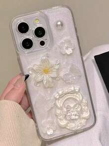 Ốp lưng Apple 17 Pro sang trọng, hình hoa, bướm, ngọc trai 3D, mới. - trắng - Xem 2