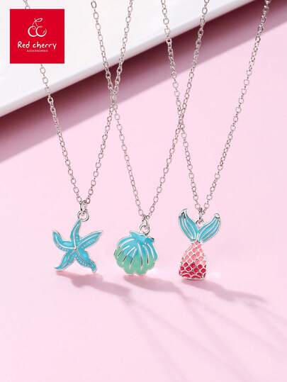 Bộ 3 món đồ trang sức cho trẻ em: đuôi nàng tiên cá, sao biển, vỏ sò, dây chuyền mạ vàng tráng men nhiều màu sắc, thích hợp cho kỳ nghỉ hè.