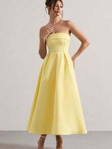 Women's Solid Color Strapless Long Dress - Elegant And Slim Fit Long Dress For Vacation, Suitable For Weddings, Music Festivals, Parties, Clubs, Evening Banquets, And Other Occasions. - Màu vàng - Xem 5