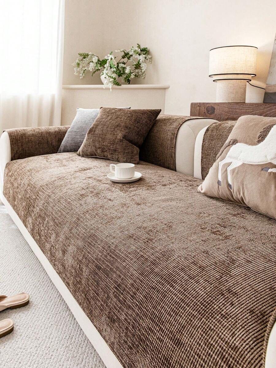 1pc Solid Color Chenille Sofa Cushion Cover, Minimalist Starry Floral Pattern, Anti-Slip Anti-Scratch Sofa Protector, Home Decor For All Seasons, Fits 1/2/3/4 Seater Sofa - Brown - View 1