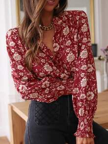 Women's Fashion Commuter Floral Print Stand Collar Ruffle Trim Long Sleeve Blouse Vacation Spring - Red - View 1