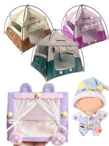 （仅适用于Labobo娃娃床）创意可爱动物Labobo娃娃帐篷床，10厘米/17厘米LBB人偶摄影露营迷你帐篷桌面装饰，家居工艺模型屋露营帐篷套装 - 彩色 - 查看 2