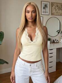 Women's Summer Sleeveless Tops, Modern, With Patchwork Lace, Deep V-Neck And Fitted Cut. - Yellow - View 2
