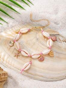 1 chiếc vòng chân thủ công phong cách Boho Bohemian đính vỏ sò cho nữ - Mặt dây chuyền hình sao biển - Trang sức chân phong cách biển - Vòng chân màu hồng hình sinh vật biển - Xem 4