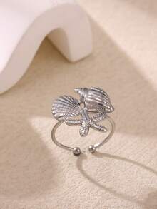 1pc Stainless Steel Gold-Plated Vacuum Electroplated Starfish & Shell Themed Vacation Style Ring, Suitable For Women - Multicolor - View 6