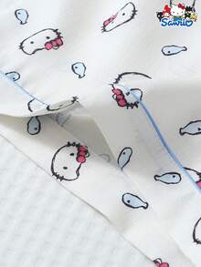 SANRIO 女士睡衣套装，包括鱼纹短袖口袋上衣和蝴蝶结短裤，休闲家居服 - 白色 - 查看 7