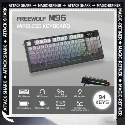 FREEWOLF M96 无线游戏键盘，旋钮控制蓝牙/2.4G无线机械键盘，RGB背光带显示屏，PBT键帽，3000mAh电池