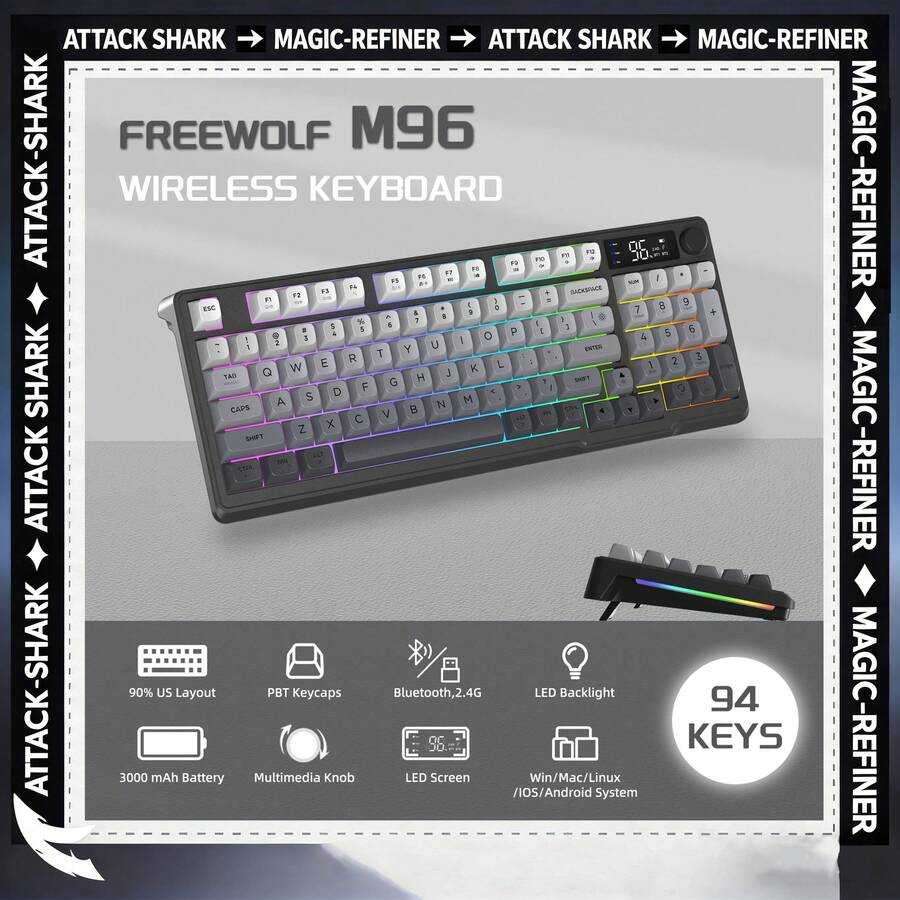 FREEWOLF M96 无线游戏键盘，旋钮控制蓝牙/2.4G无线机械键盘，RGB背光带显示屏，PBT键帽，3000mAh电池 - 查看 1