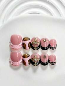 10pcs/Set Valentine's Day Handmade Nail Art Kit, Includes White Flower & Bow Decor, White & Red Gel Nails, French Polka Stickers, Heart Painting, Silver Beads Embedded, 3 Sizes Available: Almond/Square/Coffin Shape, With Set, Suitable Sweet Ladies & Girls, Valentine's Day/Party/Daily Wear Nail Supplies Handmade Press On Nails - 多色 3 - 查看 12