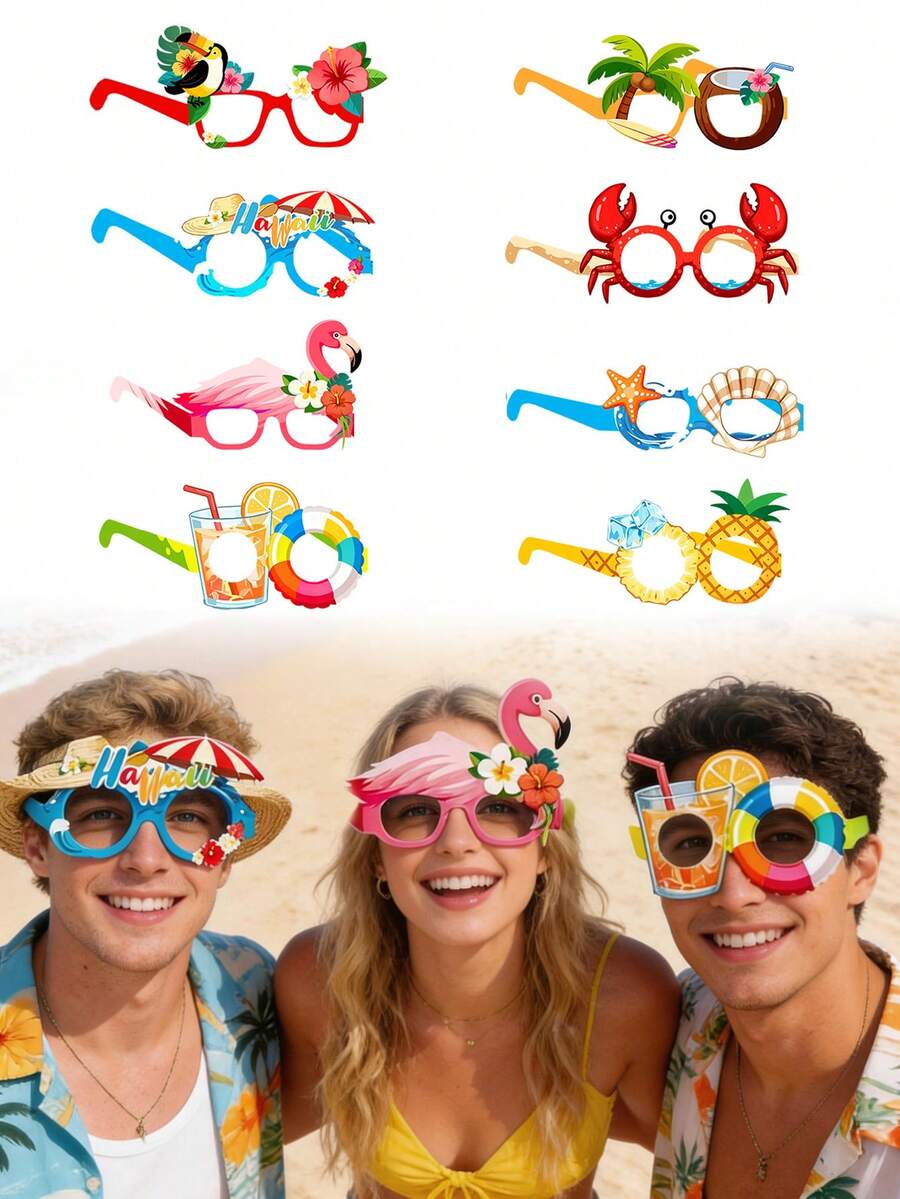 8/16 Pairs Hawaiian Tropical Party - Beach Themed Photo Booth Props, Summer Element Design, Feather-Free, Universal Size, Wholesale Hawaiian Party Glasses, Beach Party Paper Gifts, Hawaiian Party Glasses, Tropical Party Photo Props, Party Costume Accessories, Summer Beach Party Supplies
