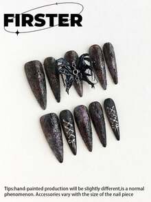 10片装长款尖头手工按压式美甲贴片，美甲用品，深红黑渐变美甲贴片，3D蜘蛛美甲，哥特朋克风假指甲，可重复使用亚克力美甲贴片，女士适用 - 彩色 - 查看 1