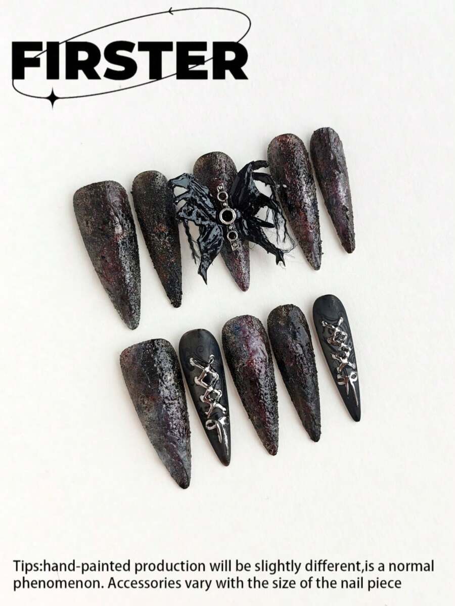 10片装长款尖头手工按压式美甲贴片，美甲用品，深红黑渐变美甲贴片，3D蜘蛛美甲，哥特朋克风假指甲，可重复使用亚克力美甲贴片，女士适用 - 彩色 - 查看 1