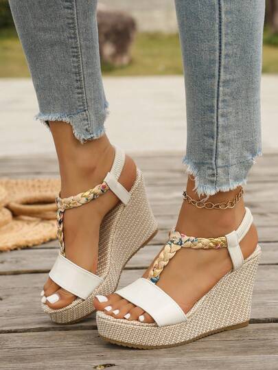 女士波西米亚风编织坡跟凉鞋，露趾T字带厚底坡跟鞋，沙滩度假夏季女鞋