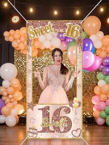 1个巨型甜美16岁生日派对相框 - 玫瑰金闪光装饰16岁生日派对背景，适用于自拍区、甜品桌装饰和生日相册 - 彩色 - 查看 4