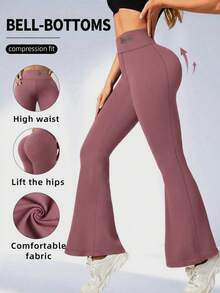 Women's High Waist Flare Pants, Lifting Waist Slimming Wide Leg Casual Pants, Solid Color All-Season Fitted Vacation Trousers - Red Violet - View 2