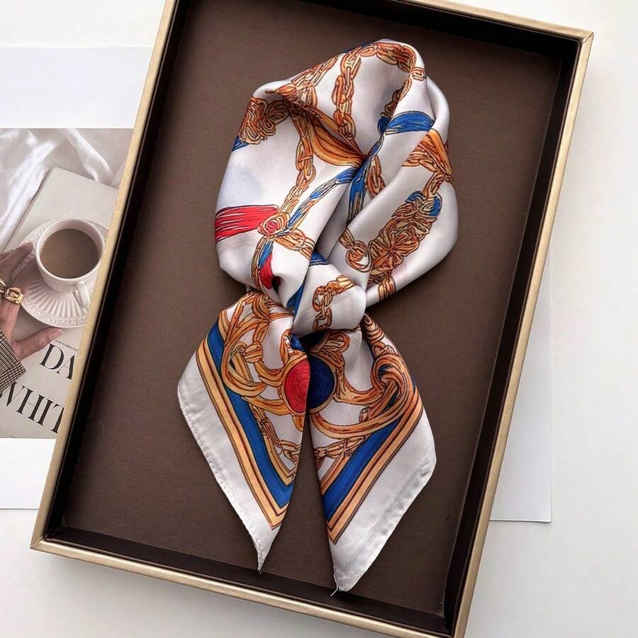 1条方形真丝围巾，女士缎面链条印花发带，披肩，头巾，时尚女士发巾，围巾 - 白色 - 查看 1