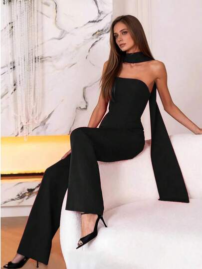 Jednokolorowy damski kombinezon bez ramiączek z kieszeniami i szarfą, elegancki na Dzień Matki, wieczorne przyjęcie, koktajlową czerń na lato