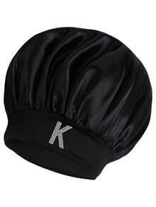 1pc Personalized 26 Hot Drill Alphabet Print Satin Wide Brim Elastic Sleep Cap, Suitable For Curly And Straight Hair Sleep Bonnet - A - View 25