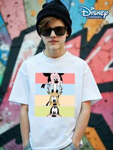 Disney,Classic Mickey, Characters Mickey Mouse, Donald Duck, Pluto, Goofy, And Fresh And Cute Macaron Color Scheme Print Pattern Summer Tops,Short-Sleeved Casual And Cute Style  Children's Clothing Design, Boy Clothes For Kids ,Ropa Para Niños,Boy Clothes For Kids,Graphic Tee, Summer Clothes,Perfect For Cool Boy. Comfortable And Breathable Children's Short-Sleeved T-Shirt. Comfortable And Casual Wear All Year Round 180g Pure Cotton Children's Clothes,Comfortable & Lightweight, Iconic Print For Mix-And-Match Outfits,Suitable For Both Boys And Girls. - 白色 - 查看 3