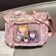 Ita Crossbody Tote Bag, Pin Display With Insert Large Messenger Bag, Cute Tote Bag With Zipper Ruffle, Japanese Aesthetic Y2k - Hồng - Xem 9