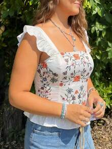 Plus Size Women Floral Print Casual Sexy Bohemian Vacation Satin Ruffle Camisole Top, Suitable For Daily Outing, Dating, Commuting, Summer Vacation, Street Photography - Apricot - View 4