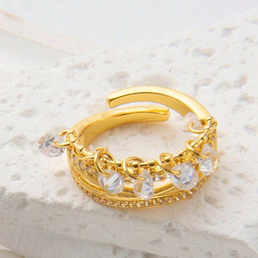 微镶水晶指节戒指：闪耀的镂空设计，尽显酷女孩个性 - 金黃色 - 查看 1