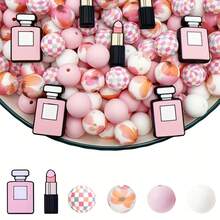25/30 piezas Cuentas de silicona con forma de lápiz labial y perfume - Cuentas focales de silicona, cuentas poligonales + cuentas redondas impresas + cuentas planas, diseño de moda, para hacer joyas, ideal para pulseras DIY, cordones, bolígrafos con cuentas, decoraciones navideñas y otras manualidades - Regalo perfecto - Juego de cuentas, suministros de cuentas - Serie de pintalabios y perfumes - Ver 11