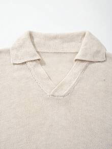 Casual Loose Ripped Fringe V-Neck Short Sleeve Knit Top, Neutral Street Style For Spring/Summer, Apricot - Apricot - View 5