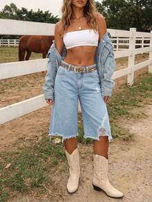 Quần lửng denim rách dáng casual, thích hợp cho các lễ hội và buổi hòa nhạc nhạc đồng quê, mùa xuân/hè. - Rửa nhẹ - Xem 1