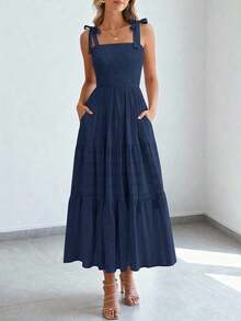 Women's Boho A-Line Maxi Dress, Summer Sleeveless Tie Shoulder Smocked High Waist Long Sundress With Pockets, Casual Dress For Beach Vacation & Holiday Outings - 藏蓝色 - 查看 1