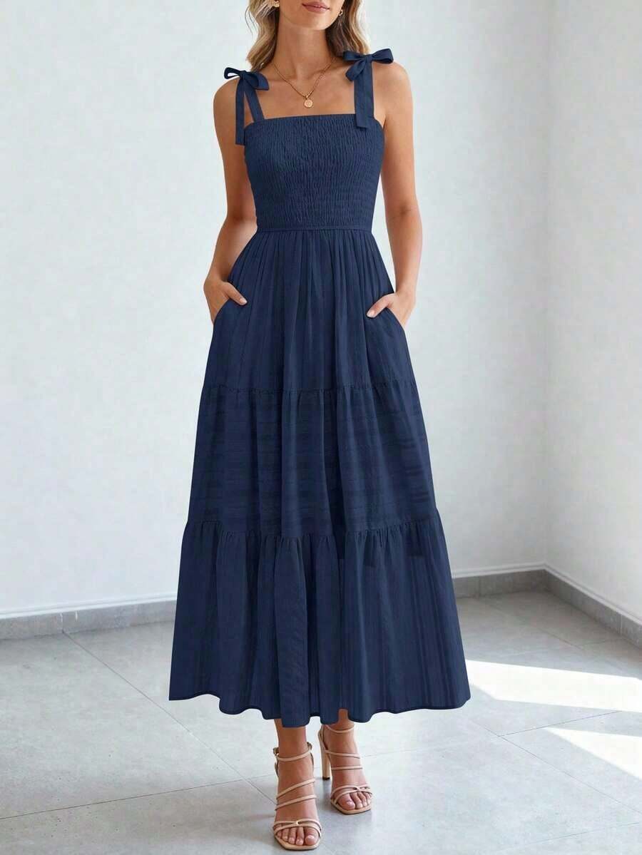 Women's Boho A-Line Maxi Dress, Summer Sleeveless Tie Shoulder Smocked High Waist Long Sundress With Pockets, Casual Dress For Beach Vacation & Holiday Outings - 藏蓝色 - 查看 1