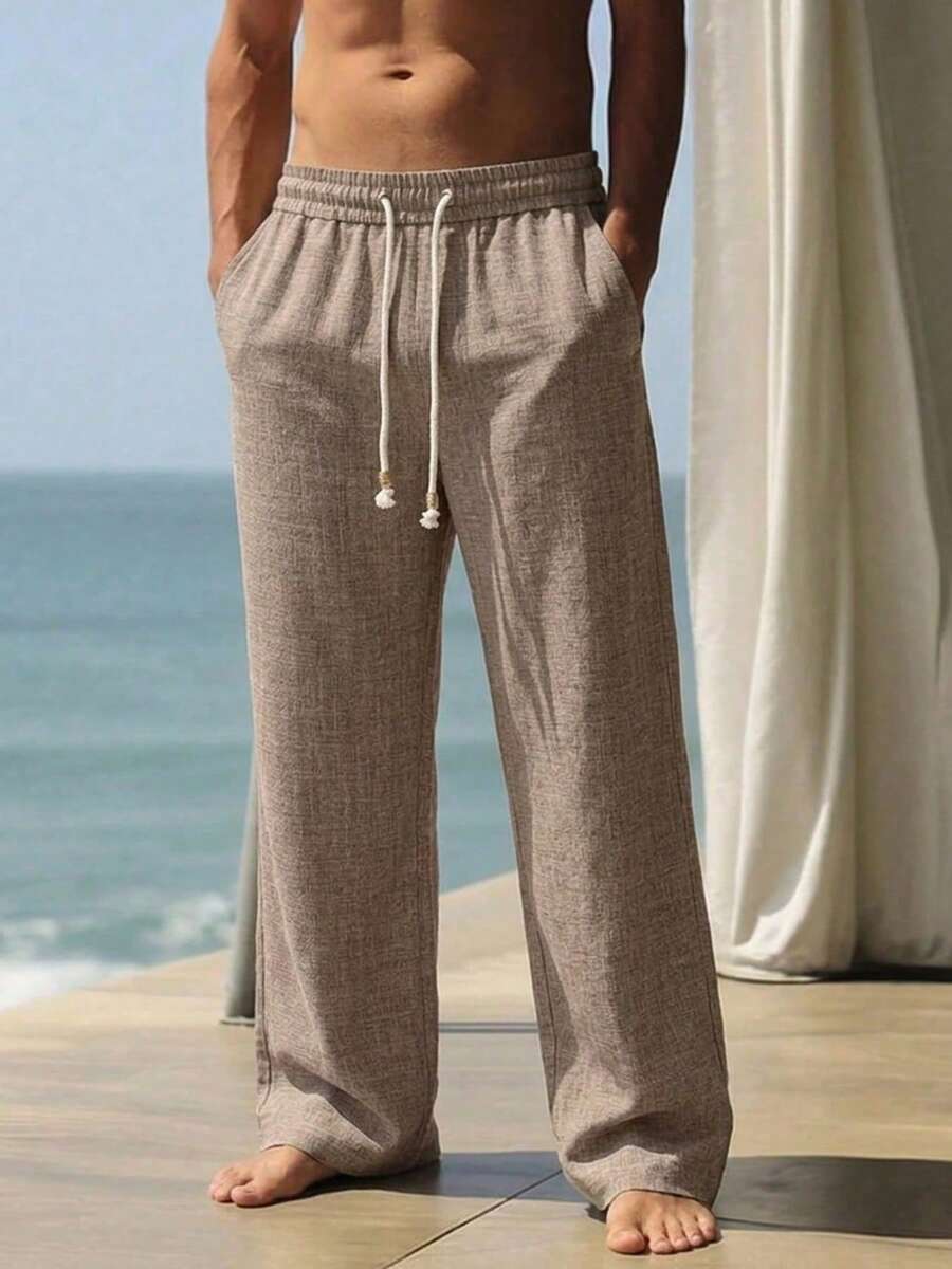 1 pieza Pantalones casuales de playa de pierna recta con cordón en la cintura, de tela suave con efecto de lino en color marrón café, adecuados para vacaciones de verano, tiempo libre y playa - Café integral - Ver 1