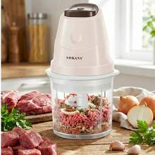 SOKANY 06009 家用绞肉机，0.7升食物处理器，烹饪机，配有2个碗和3个不锈钢刀片，适用于绞肉、蔬菜、婴儿辅食、自制餐食和宠物食品 - 棕色 - 查看 1