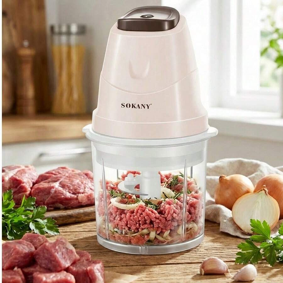 SOKANY 06009 家用绞肉机,0.7升食物处理器,烹饪机,配有2个碗和3个不锈钢刀片,适用于绞肉、蔬菜、婴儿辅食、自制餐食和宠物食品 - 棕色 - 查看 1