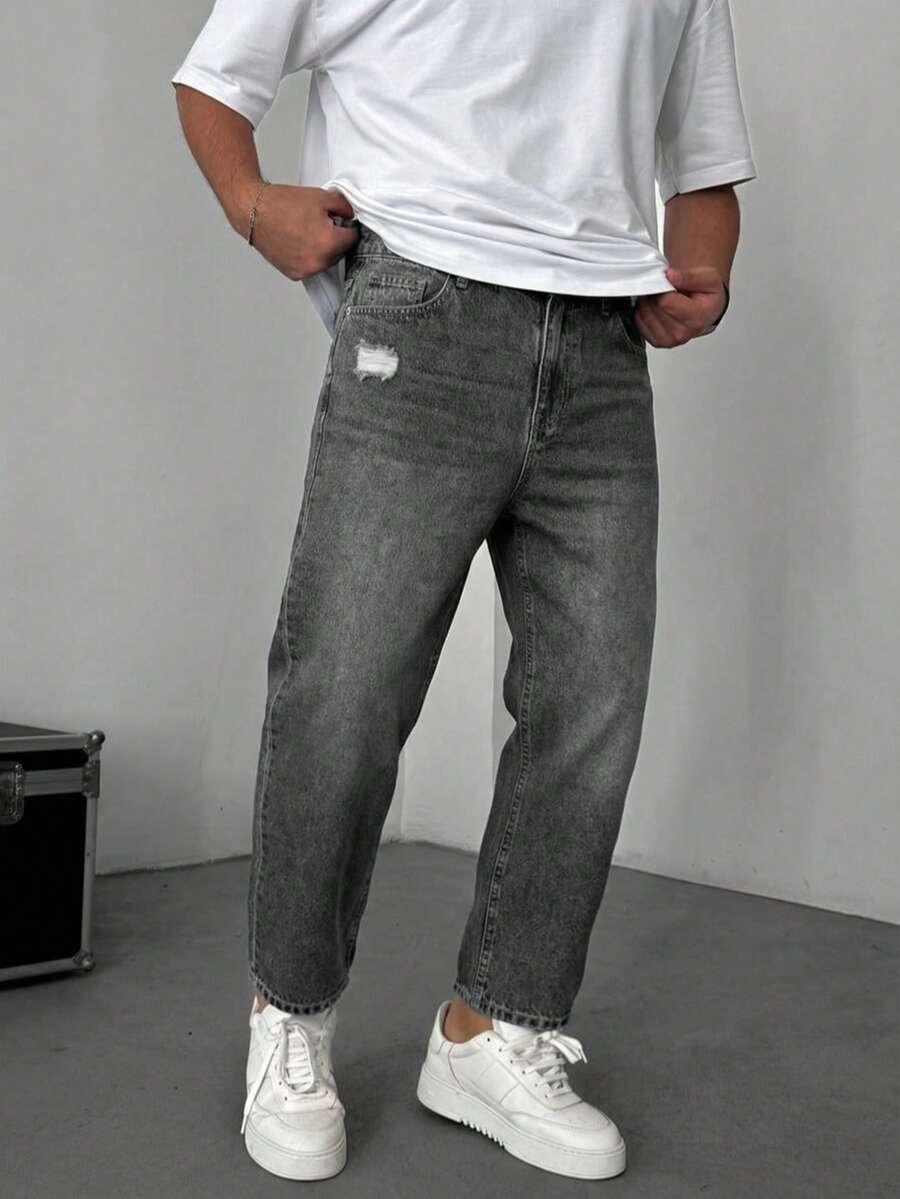 Men's Medium Grey Washed Indigo Retro Vintage Loose Straight Leg Jeans, Relaxed Fit, Comfortable, Flattering Leg, Grey Washed Denim, Suitable For Spring, Summer, Autumn And Winter, Distressed, Loose, Straight Leg, Ankle Length, Slightly Short Pants, Oversized Fit, Recommend Ordering One Size Down - Grey - View 1