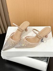 Xin Jing Shoes Women's Elegant Rhinestone Bow Mesh Sexy Fashion Net Yarn One-Strap Commuting Mid-Heel Shoes - Khaki - View 11