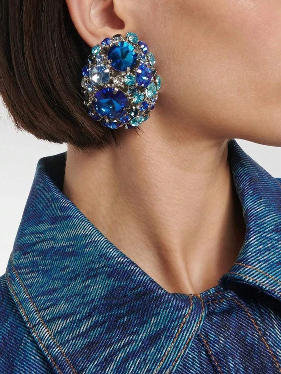 1 Pair Silver Oversized Round Rhinestone Clip-On Earrings, Elegant Cubic Zirconia Earrings For Women Without Pierced Ears, Suitable For Balls, Parties And Formal Events - Silver Blue - View 1