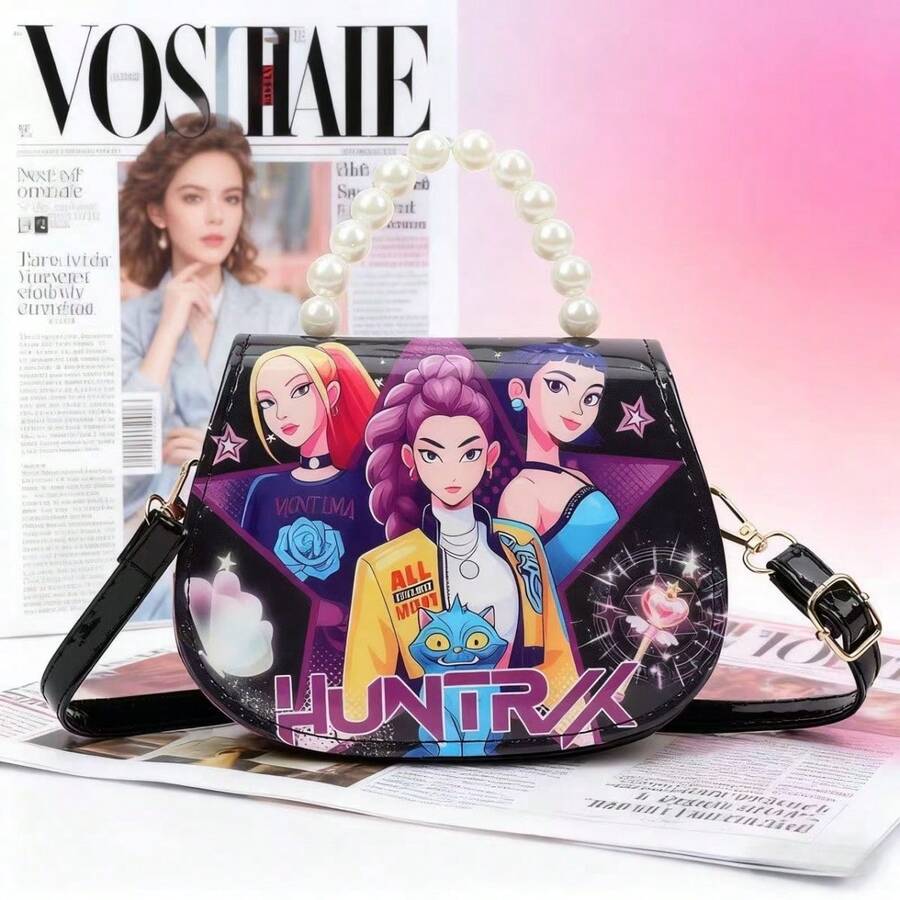 Hasbro KPOP 魔女猎人仿珍珠手柄斜挎包，时尚动漫人物印花手提包，配有可调节肩带，PU 皮革材质，适合生日、圣诞节、感恩节、K-Pop 粉丝收藏、日常使用和节日礼物 - 多色 - 查看 1