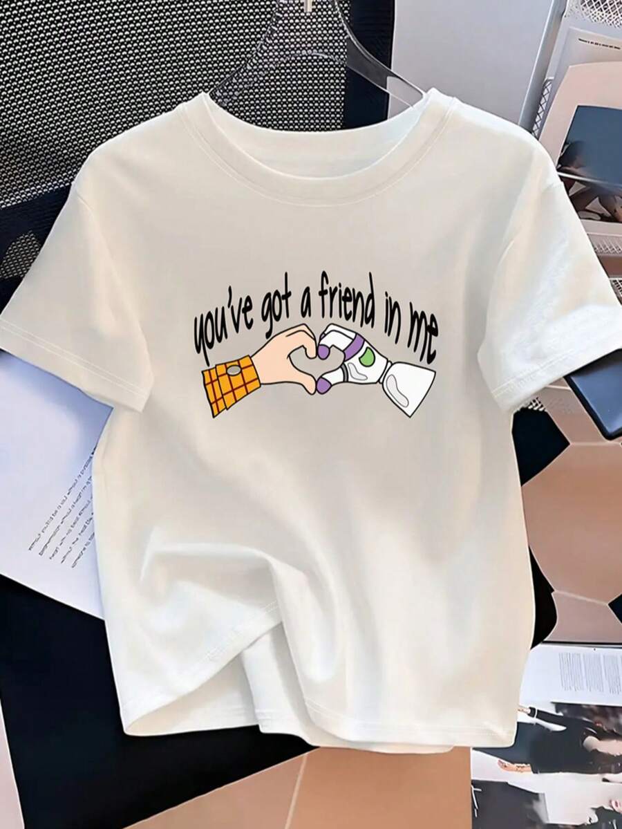 (Authorized By Disney) Hudibas Lightyear Printed T-Shirt, The Words "You've Got A Friend In Me", The Pattern Of Cowboy And Spacesuit Hand-In-Heart, And The Printed Short Sleeves With The Theme Of Toy Story Friendship. The Fabric Is Soft, Comfortable And Breathable, Suitable For Daily Wear, Shopping, Traveling, Gathering And Home Use. It Is Also Suitable As A Beautiful Gift. Every Woman Should Have One. - White - View 1