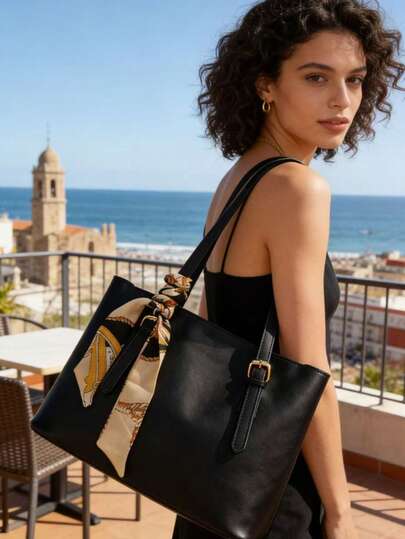 1pc Minimalist Silk Scarf Tote Bag, New Viral Design, High-End Niche Shoulder Bag With Large Capacity, Suitable For Commuting, Office, Dating, Shopping, Short Trips, Weekend Outings, Suitable For Urban Professionals, Minimalist Enthusiasts, Elegant Moms