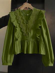 ii Blusa de manga larga con volantes, parches de encaje y unicolor casual para primavera - Verde militar - Ver 3